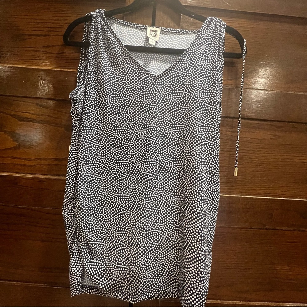 ✅Anne Klein medium navy Sleeveless Tank Top dot Pattern ruched sides bow shell